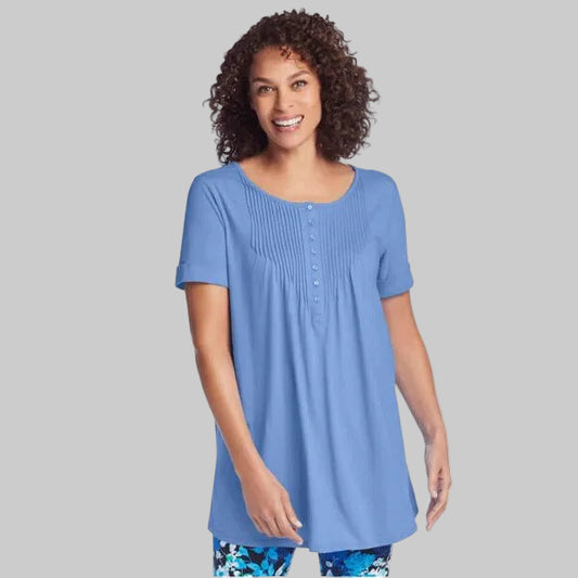 Woman wearing French Blue short sleeve Henley tunic with pintuck chest detail