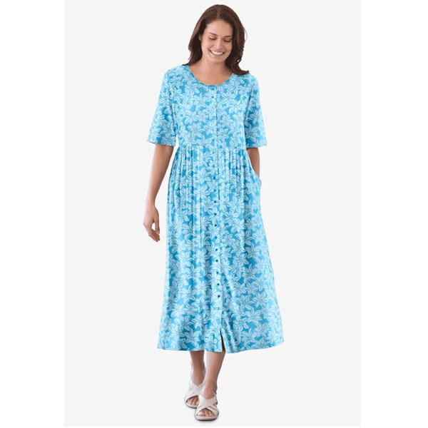 Paradise Blue Pretty Blossom Button-Front Essential Dress PSW-9126