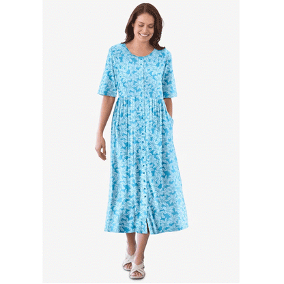 Paradise Blue Pretty Blossom Button-Front Essential Dress PSW-9126