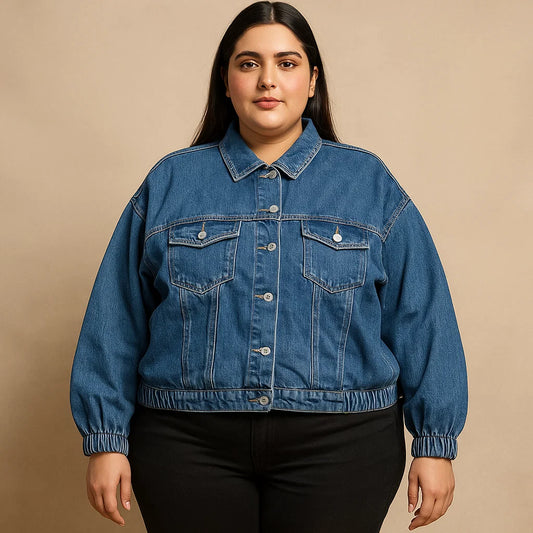 Plus-size woman wearing classic blue denim jacket with elastic hem and button-front