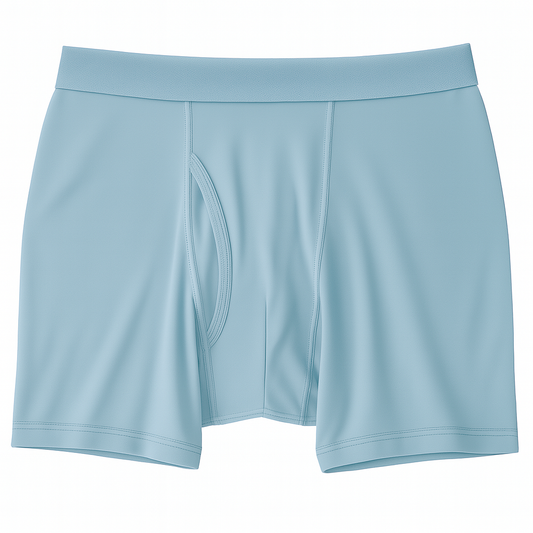 Flat lay of Ice Blue Performance Cotton Boxer Briefs with exposed waistband and relaxed leg opening