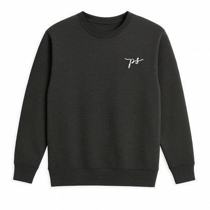 Men’s charcoal fleece crewneck sweatshirt, plus size (2XL–6XL), with ribbed cuffs and hem, featuring a small embroidered PS logo on the chest