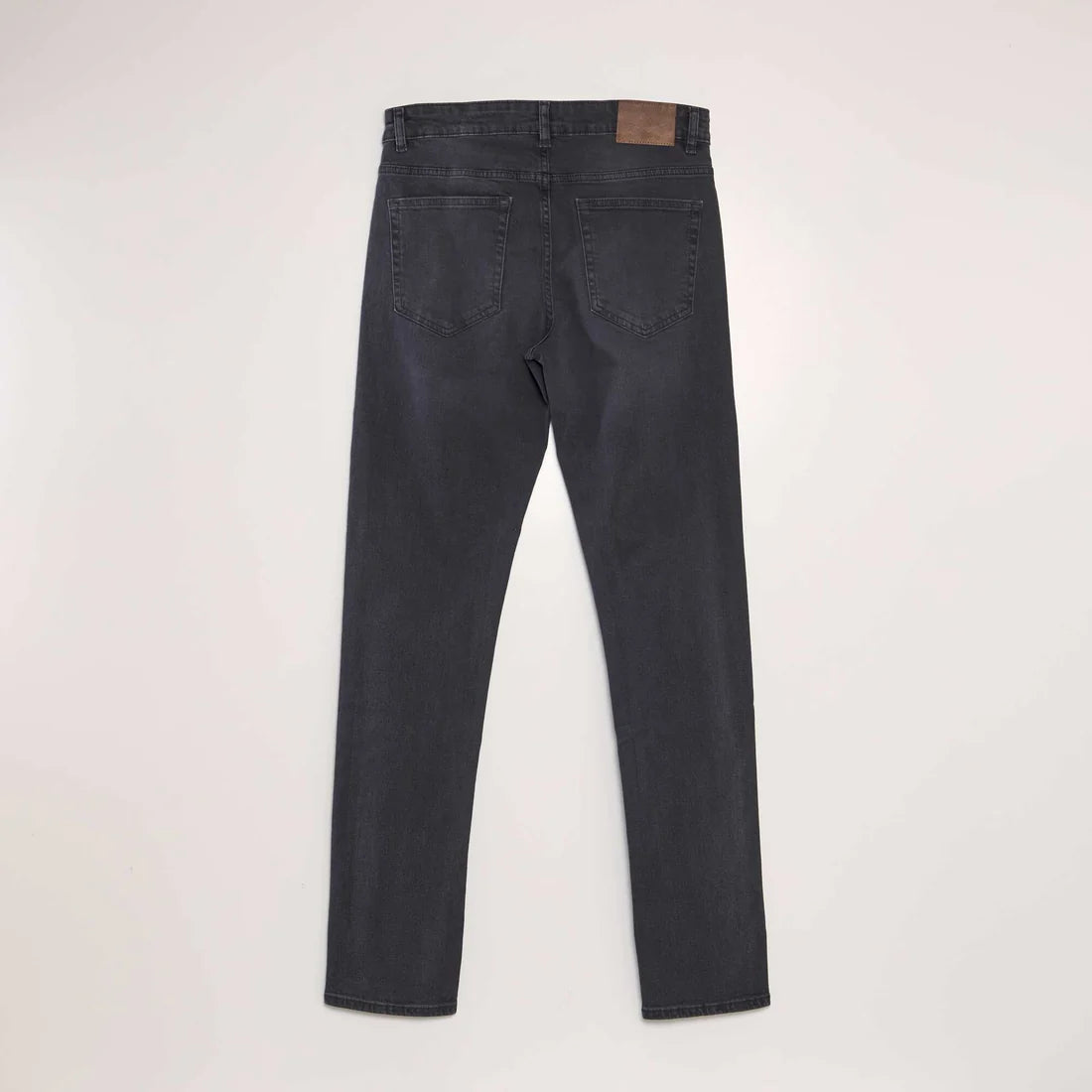 Men’s charcoal slim fit 5 pocket jeans with stretch denim and clean finish,