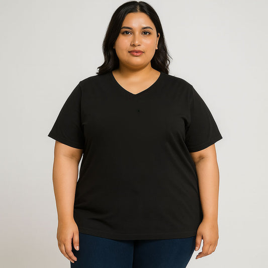 Plus size woman wearing a classic black V-neck T-shirt with short sleeves, made of cotton-poly blend – front view