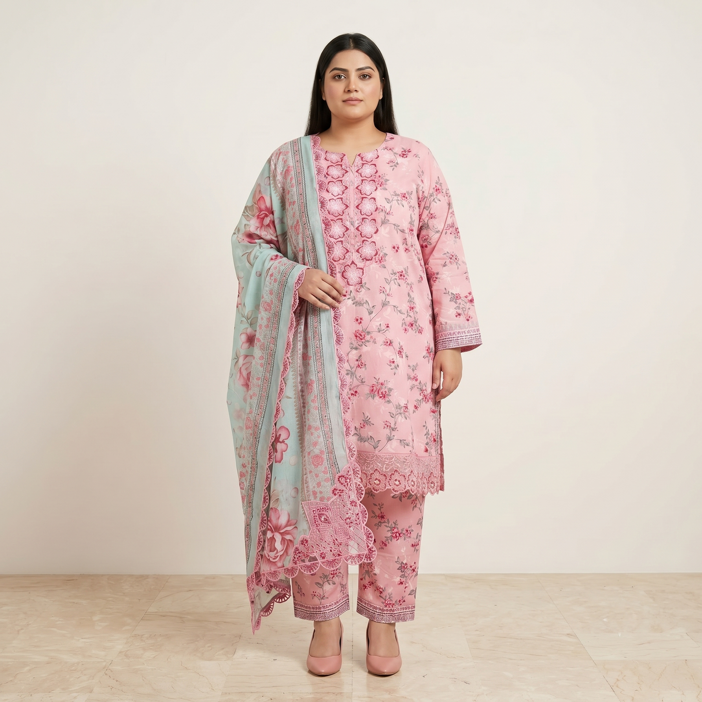 Pastel Meadow Elegance – 3 Piece Heavy Lace Border Suit PSW-11232
