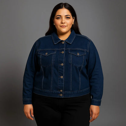 Plus-size woman wearing dark wash denim jacket with button front and flap chest pockets

