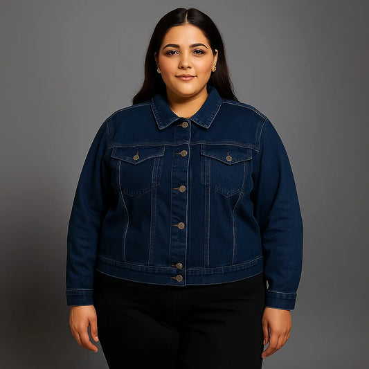Plus-size woman wearing dark wash denim jacket with button front and flap chest pockets


