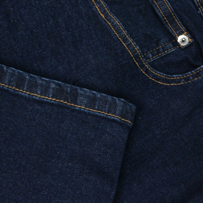"Men’s dark wash stretch denim jeans with straight leg, belt loops, zip fly, coin pocket, and rear stitch detail, crafted from cotton-elastane blend."