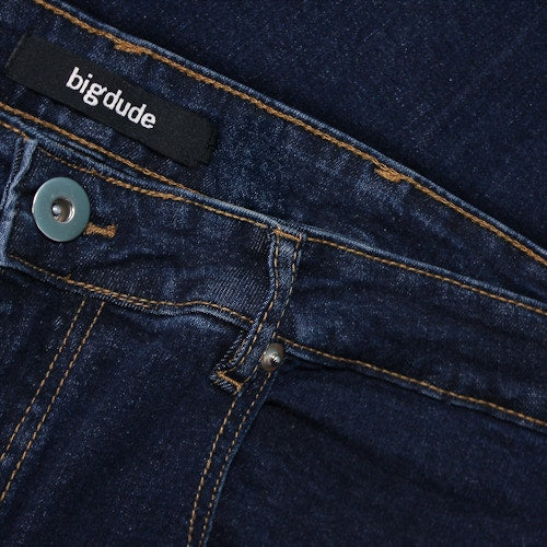 "Men’s dark wash stretch denim jeans with straight leg, belt loops, zip fly, coin pocket, and rear stitch detail, crafted from cotton-elastane blend."