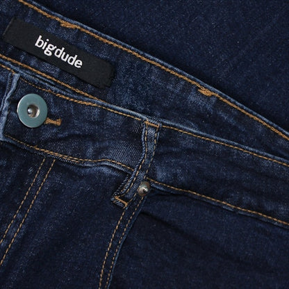 "Men’s dark wash stretch denim jeans with straight leg, belt loops, zip fly, coin pocket, and rear stitch detail, crafted from cotton-elastane blend."