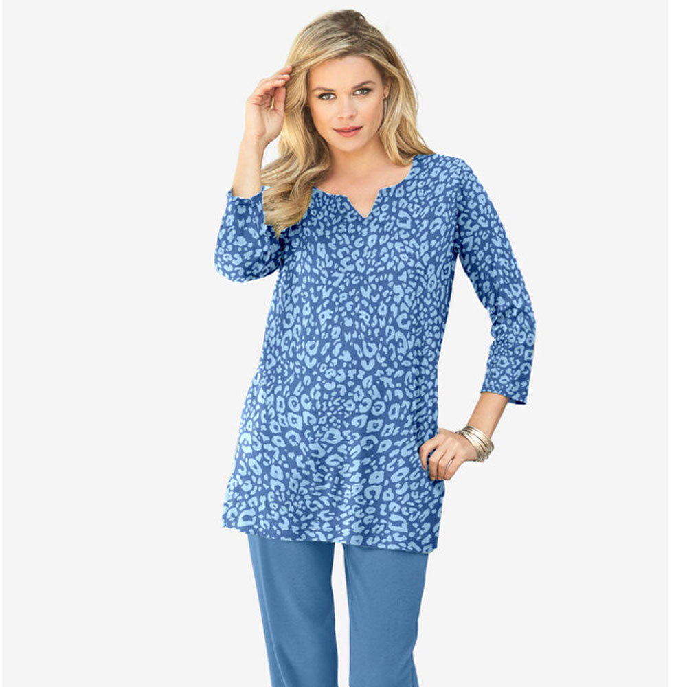 Abstract Print Three-Quarter Notch-Neck Soft Knit Tunic PSW-6327