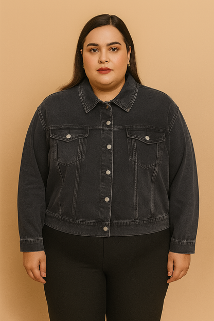 Plus-size woman wearing washed black denim jacket with button front and flap pockets
