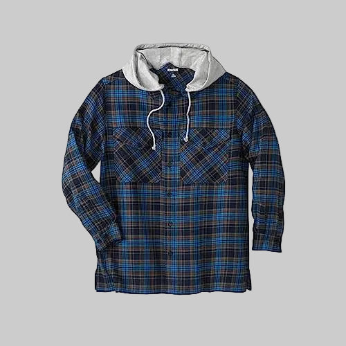 Big and tall flannel shirt jacket with removable drawstring hood, oversized fit, chest pockets, and soft brushed cotton fabric.