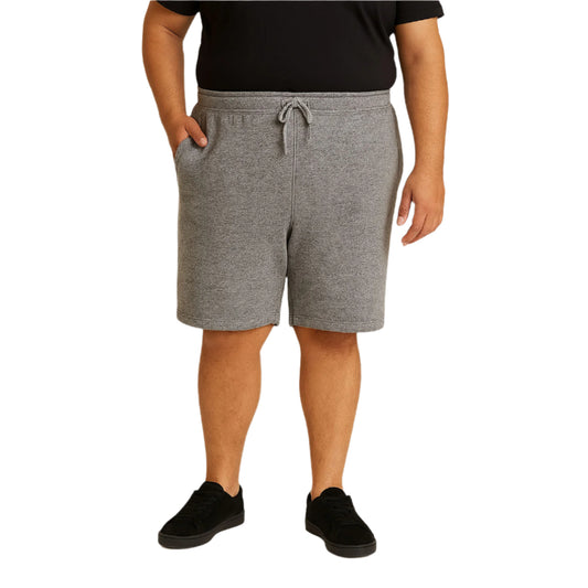 Heather grey plus size terry shorts with side-zip pockets and elastic waist