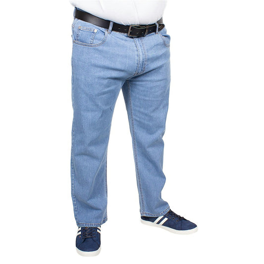 Men’s Light Wash Stretch Fit Denim Jeans with straight-leg cut, YKK zip fly, button fastening, and stretch cotton blend for comfort.