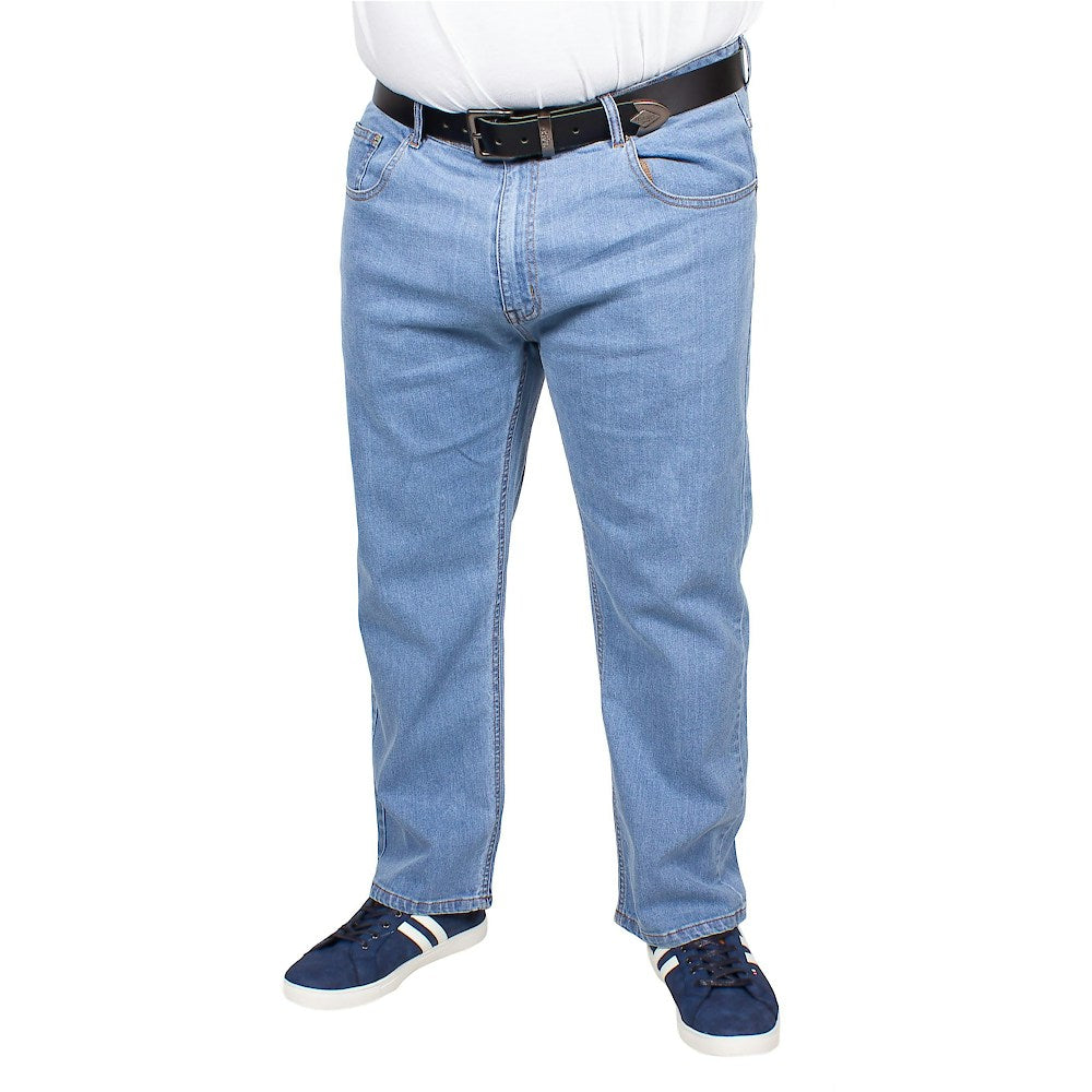 Men’s Light Wash Stretch Fit Denim Jeans with straight-leg cut, YKK zip fly, button fastening, and stretch cotton blend for comfort.