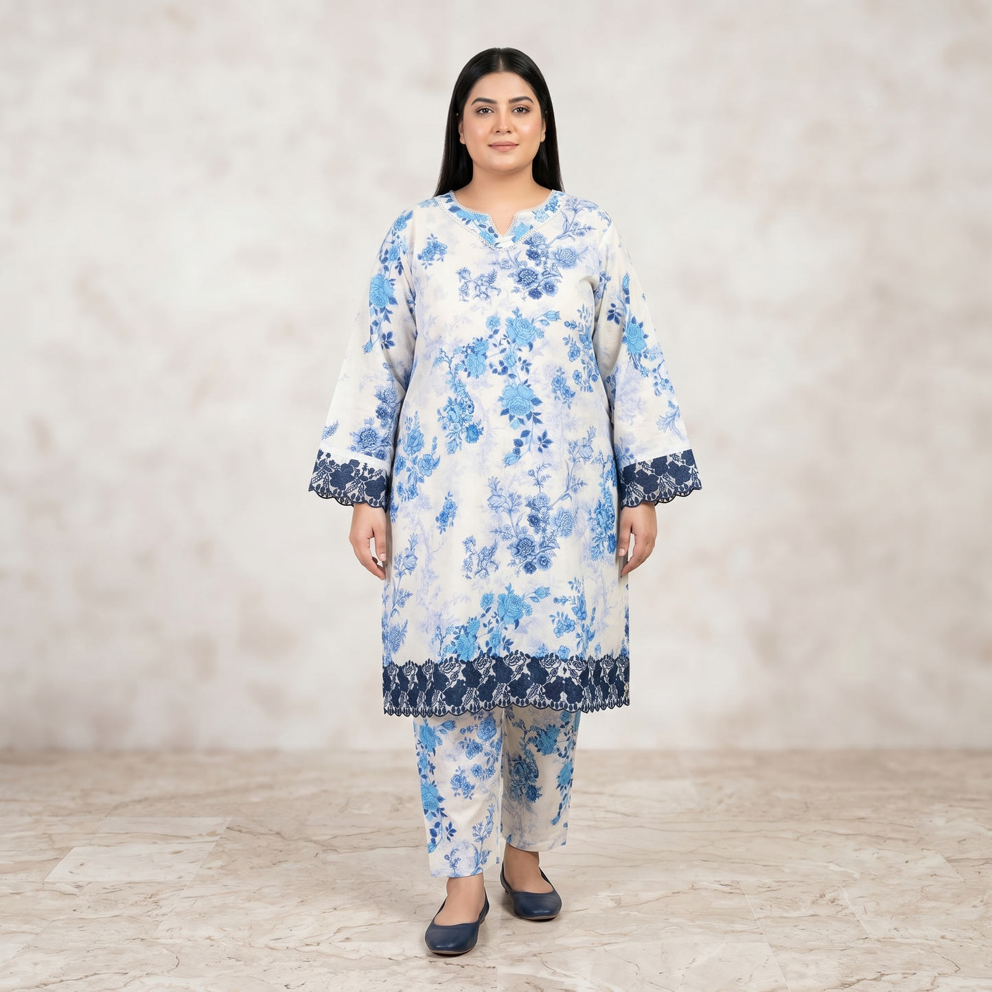 Porcelain Flora – 3 Piece Premium Embroidered Lawn Dupatta Suit PSW-11235