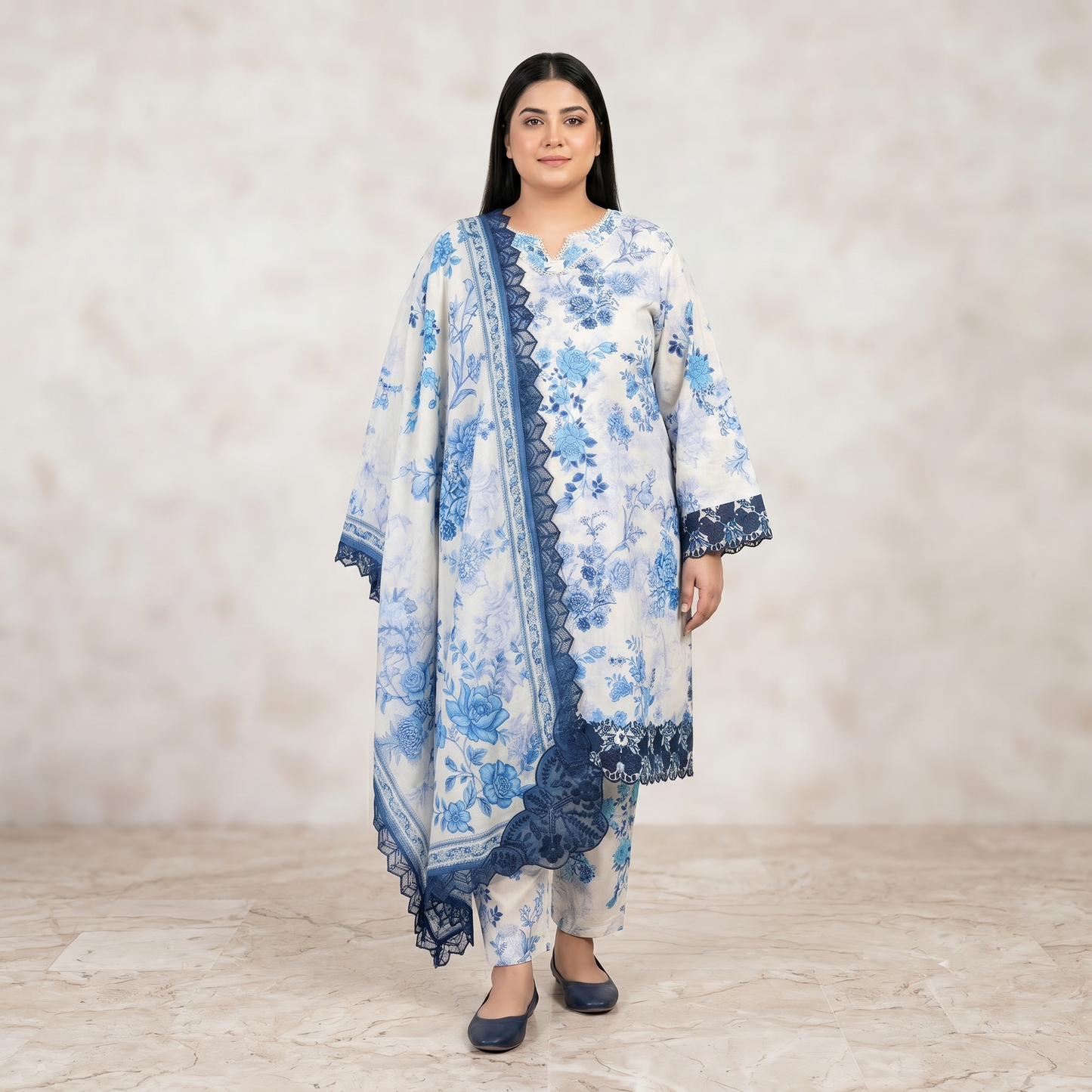 Porcelain Flora – 3 Piece Premium Embroidered Lawn Dupatta Suit PSW-11235