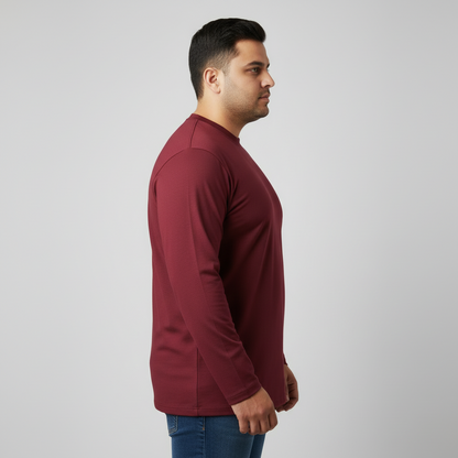 Maroon long sleeve jersey t-shirt for men in soft cotton fabric, classic crew neck, relaxed fit, full sleeves, smooth texture, ideal for casual everyday wear.