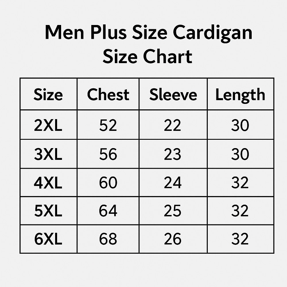 Size chart for Black Ribbed Shawl Collar Cardigan Unisex Sweater PSM-10394