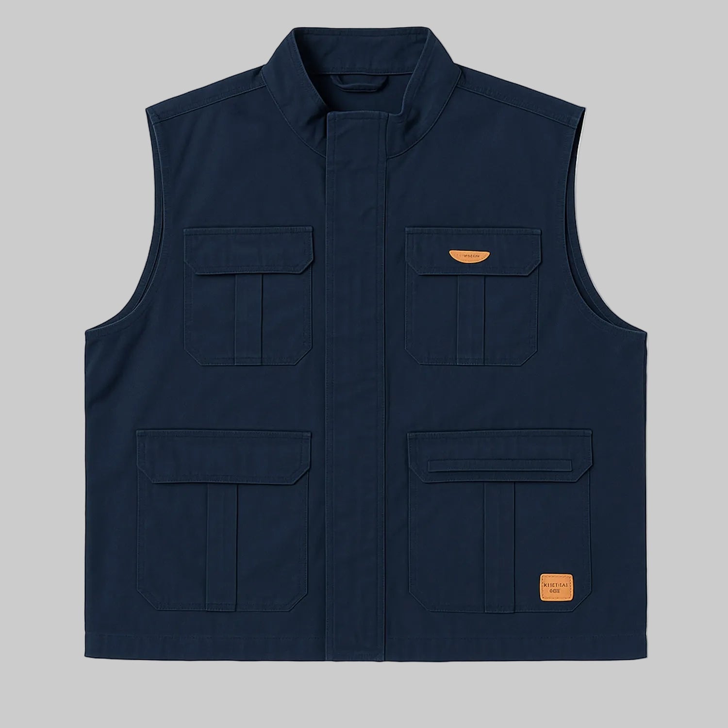Men’s navy blue twill cotton sleeveless jacket, lightweight layering vest, front studio view