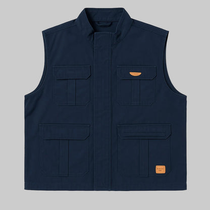 Men’s navy blue twill cotton sleeveless jacket, lightweight layering vest, front studio view