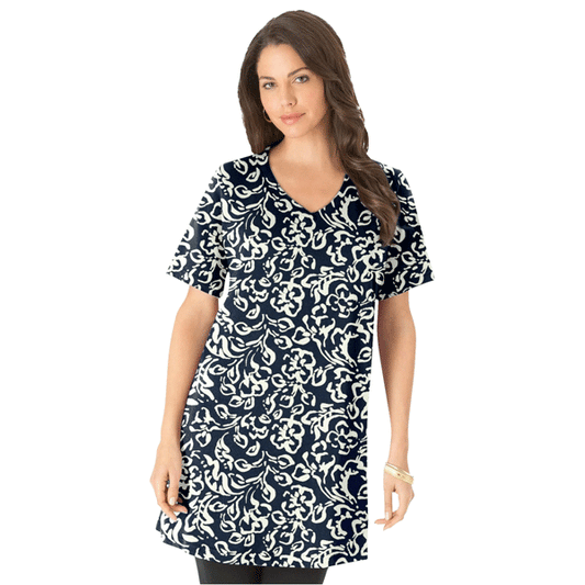 Navy Ivory Floral V-Neck Ultimate Tunic PSW-9140