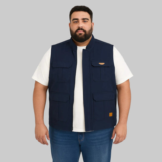 Men’s navy blue twill cotton sleeveless jacket, lightweight layering vest, front studio view