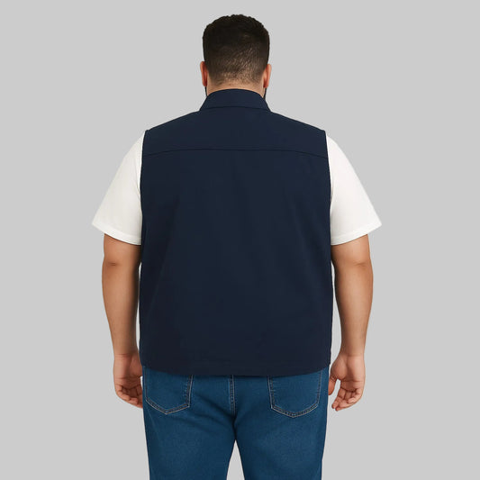Men’s navy blue twill cotton sleeveless jacket, lightweight layering vest, front studio view