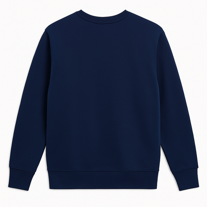 Men’s navy blue fleece crewneck sweatshirt, plus size (2XL–6XL), with ribbed cuffs, hem, and collar, featuring a small embroidered PS logo on the chest.