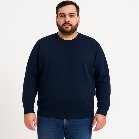 Men’s navy terry crewneck sweatshirt, plus size (2XL–6XL), with ribbed cuffs and hem, featuring a small embroidered PS logo on the chest
