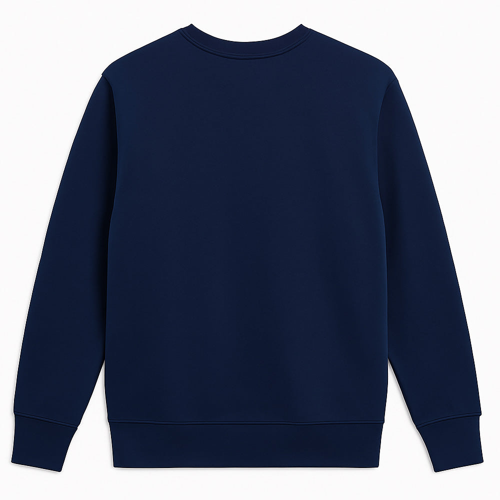 Men’s navy terry crewneck sweatshirt, plus size (2XL–6XL), with ribbed cuffs and hem, featuring a small embroidered PS logo on the chest