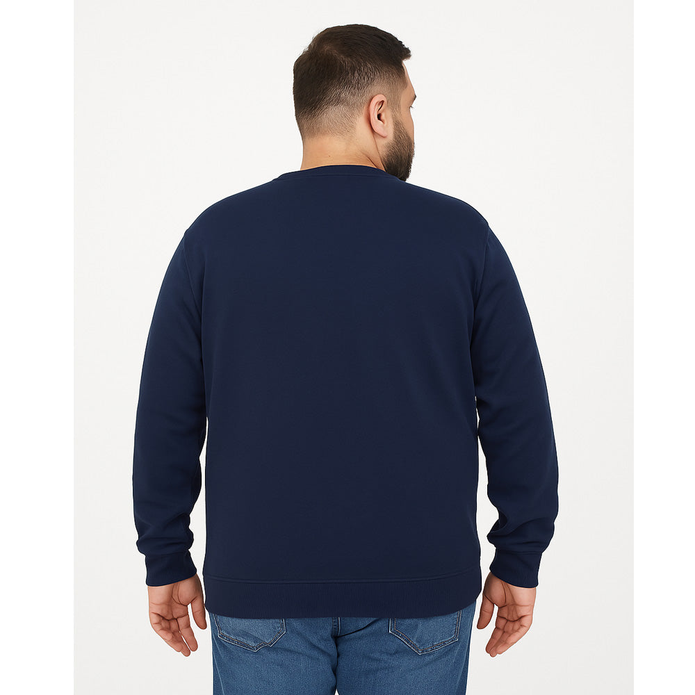 Men’s navy terry crewneck sweatshirt, plus size (2XL–6XL), with ribbed cuffs and hem, featuring a small embroidered PS logo on the chest