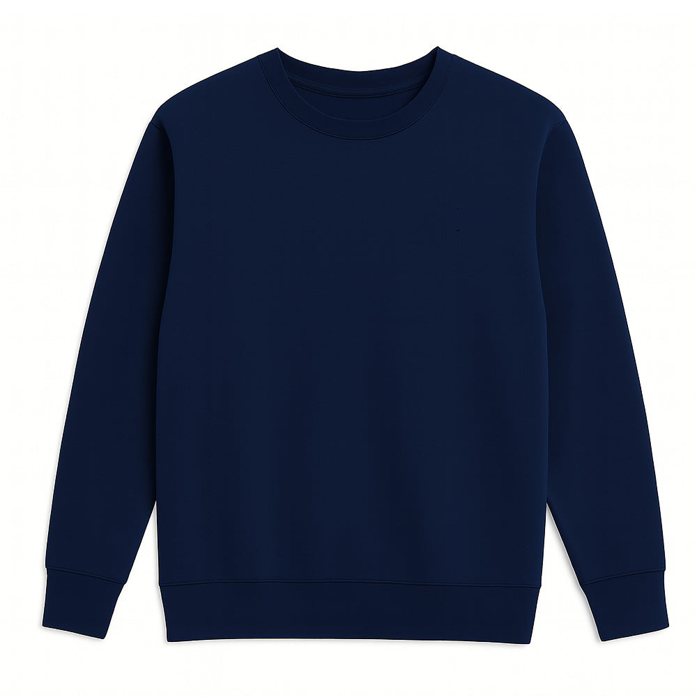 Men’s navy terry crewneck sweatshirt, plus size (2XL–6XL), with ribbed cuffs and hem, featuring a small embroidered PS logo on the chest
