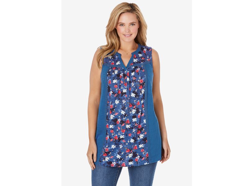 Ocean Sapphire Delicate Floral Sleeveless Notch Neck Tunic PSW-4964