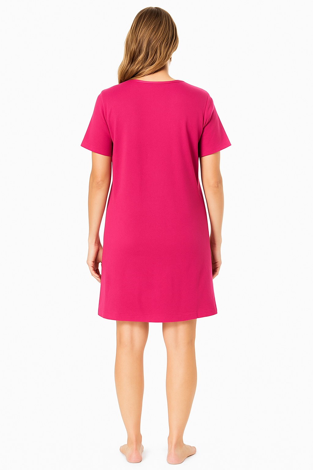 Women’s pink short sleeve sleepshirt with playful prints, 40-inch length, and soft cotton fabric for breathable comfort and cozy lounging.