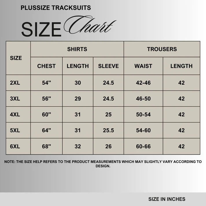 Size chart for Grey Comfort Plus Size Cotton Fleece Tracksuit PSM-8705