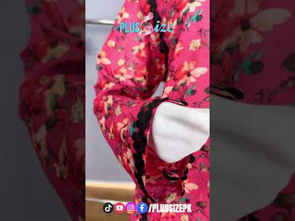 Crimson Bloom – Plus Size Stitched Lawn Suit with Black Lace (2PC) PSW-9497