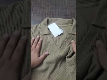 Olive Green Waffle Knit Thermal Open Collar V-Neck T-Shirt  PSM-11281