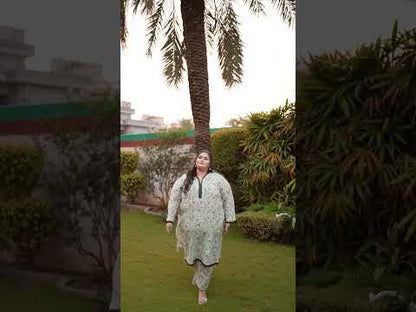 Mint Petal – Plus Size Stitched Floral Suit with Black Lace (2PC) PSW-9496