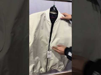 Ivory plus size bomber jacket with front zip closure and ribbed cuffs on a clean background.