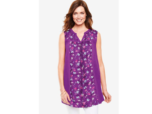 Purple Magenta Delicate Floral Sleeveless Notch Neck Tunic PSW-4963