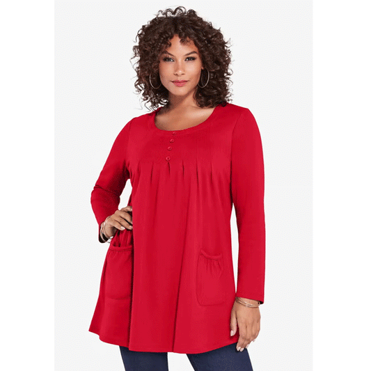 Red Long Sleeve Two Pocket Soft Knit Tunic PSW-9128