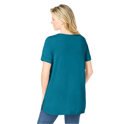 Deep Teal Short Sleeve Pintucked Henley Tunic PSW-9235