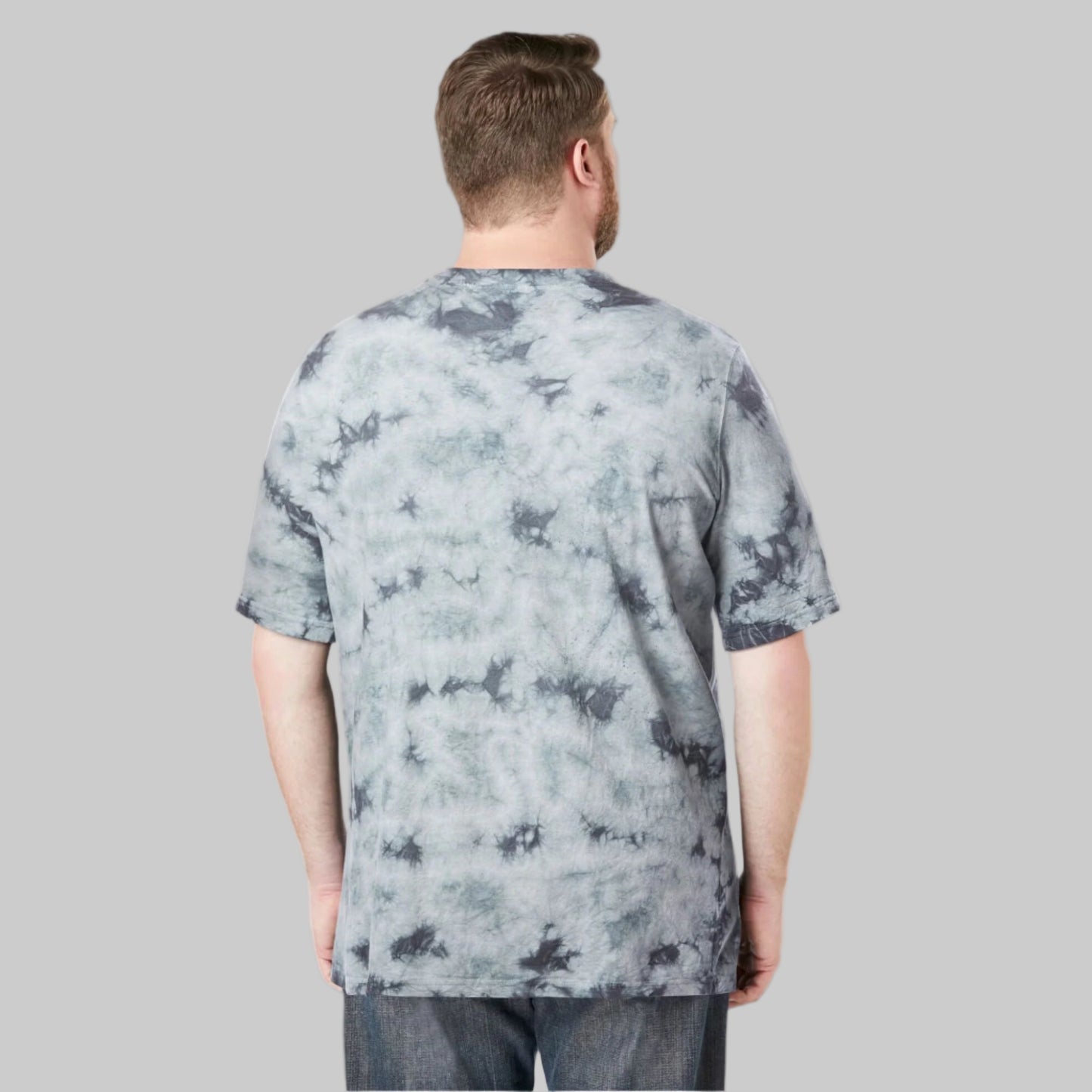 Plus-size Pakistani male model wearing steel marble crewneck T-shirt with chest pocket on a studio background.