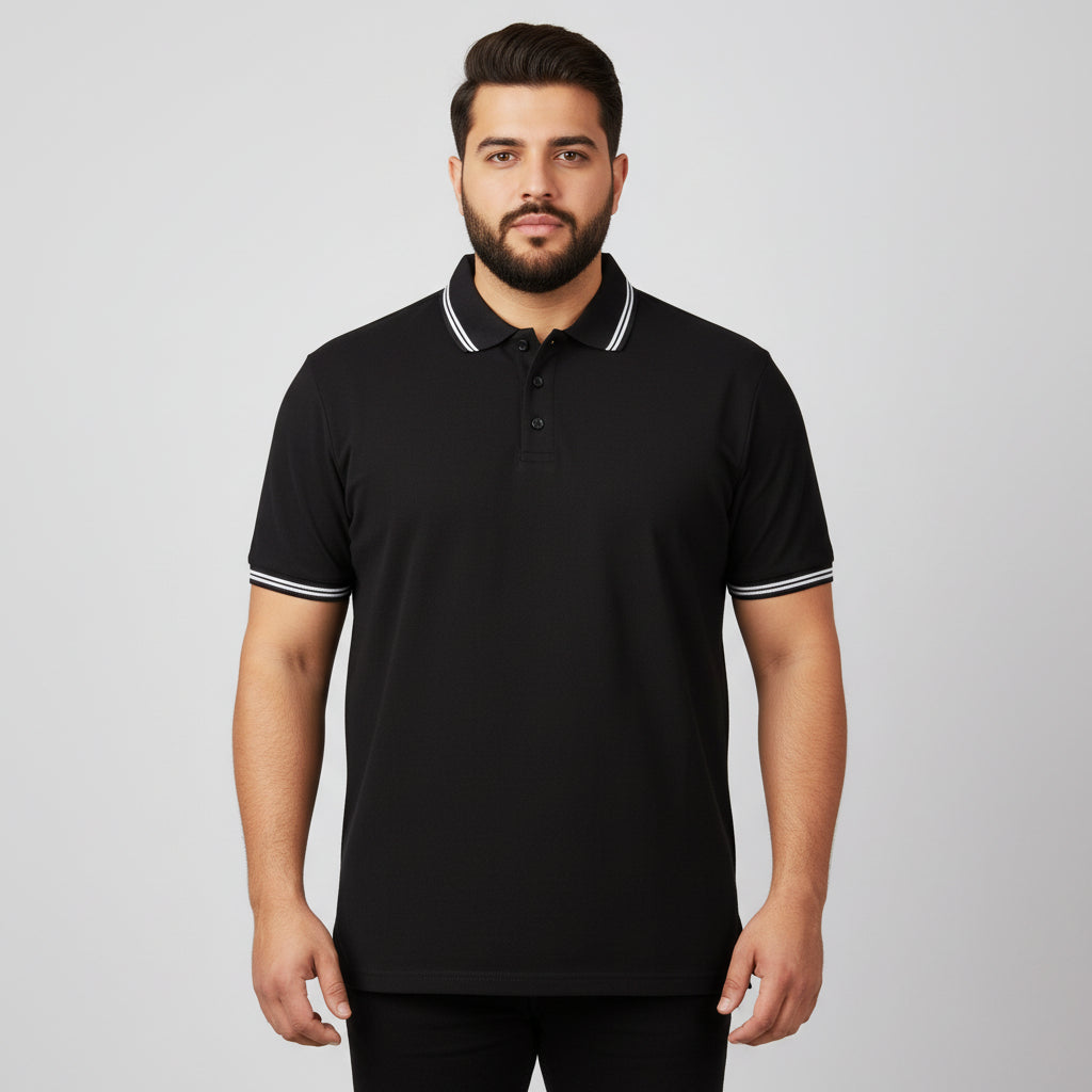 Black Stripe Collar Plus Size Polo Shirt PSM-10727