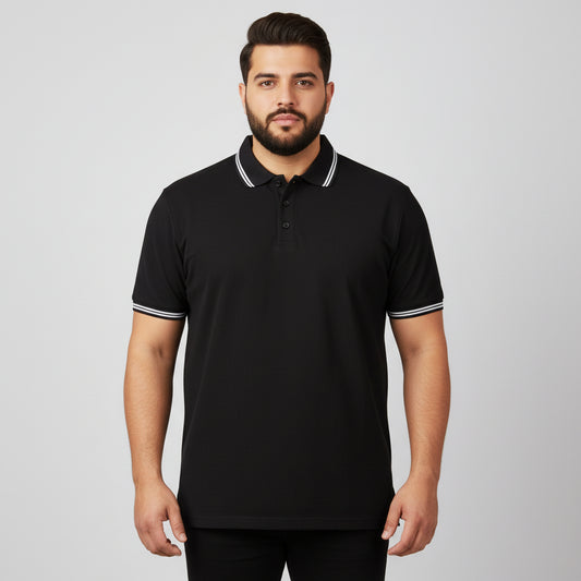 Black Stripe Collar Plus Size Polo Shirt PSM-10727