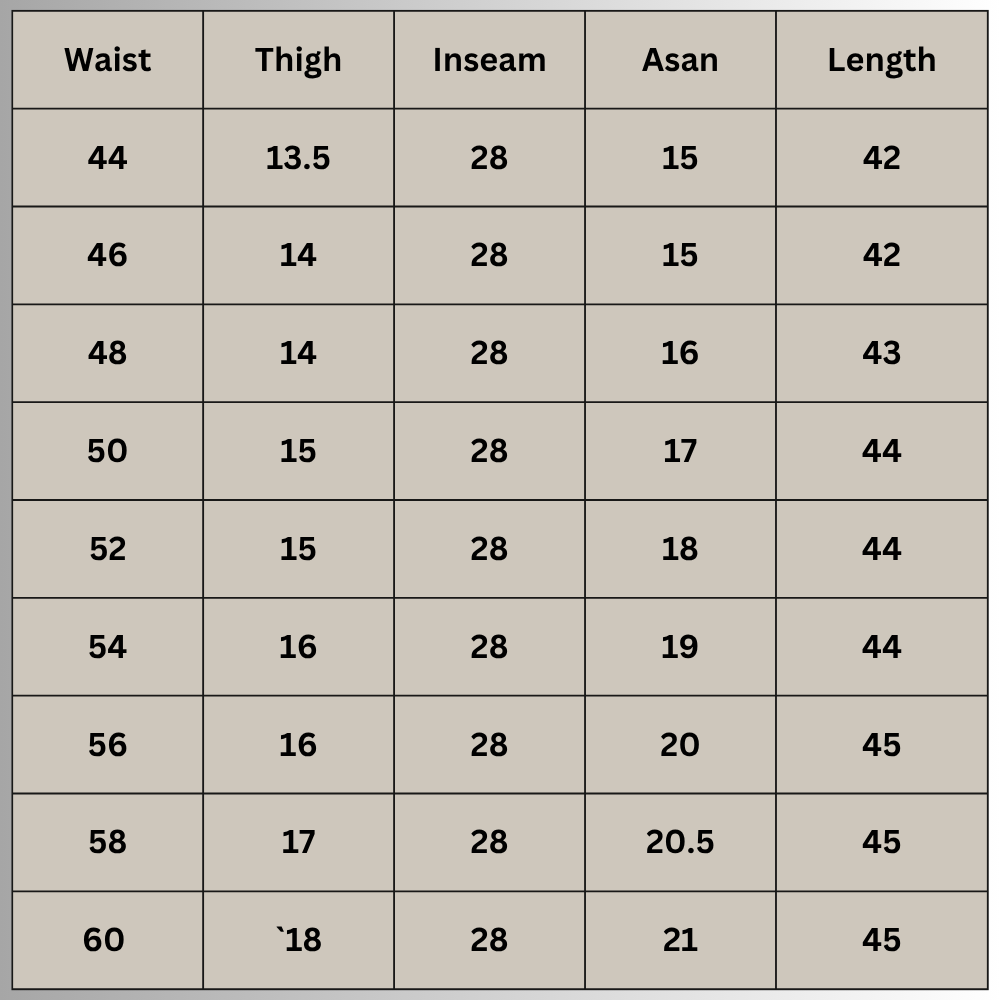 Size chart for Black Cotton Chino Pants PSM-11547