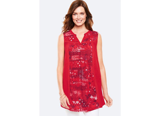 Vivid Red Stencil Bandana Sleeveless Notch Neck Tunic PSW-4962