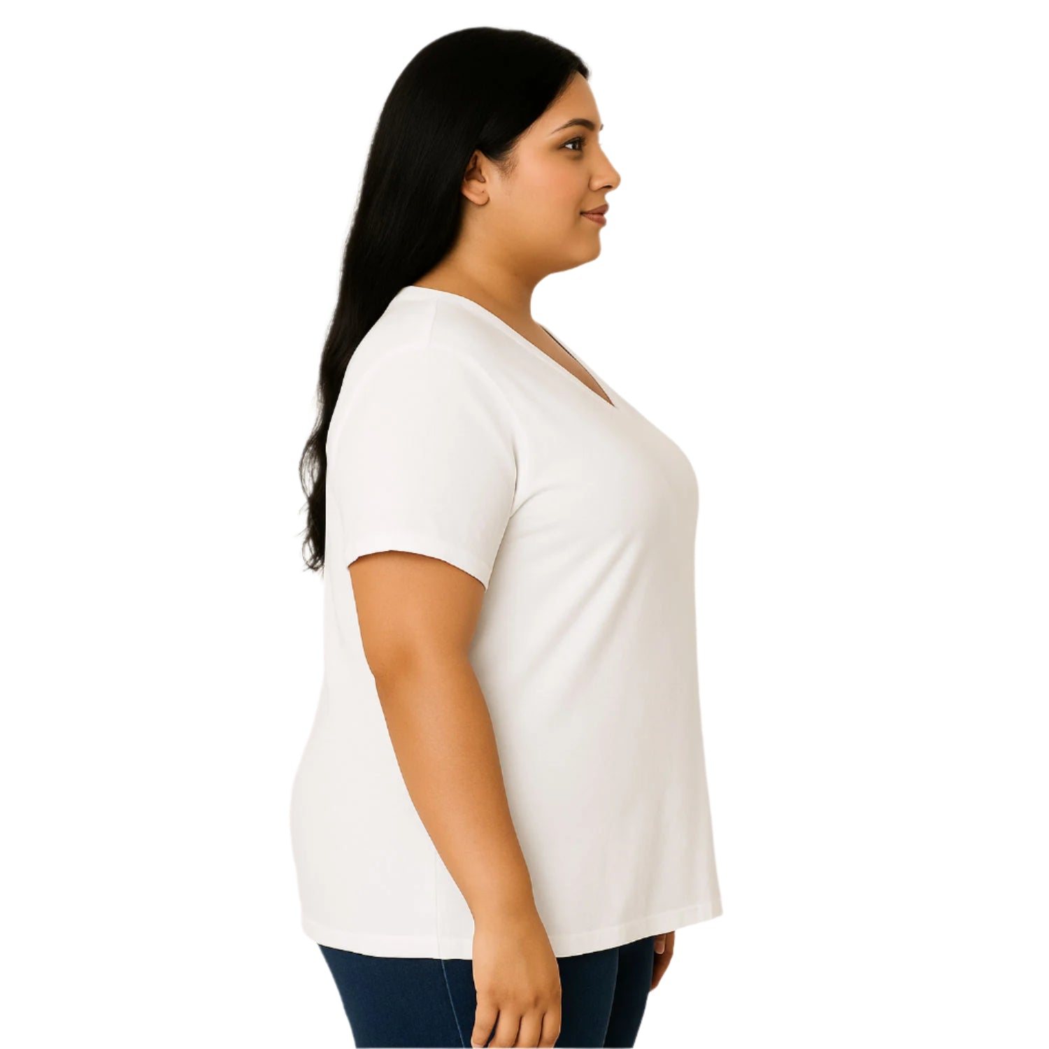 Plus-size woman wearing a white V-neck short-sleeve tee – PlusSize.pk